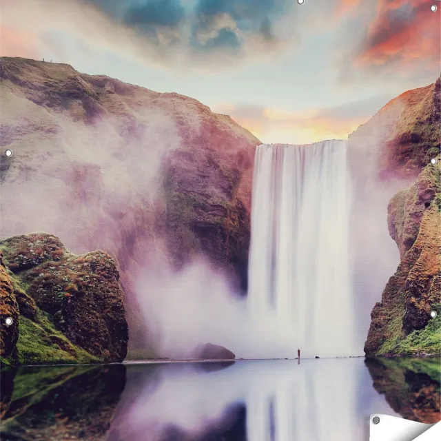 Gards Tuinposter Waterval met een Weerspiegeling in het Water - 120x120 cm - Tuindoek - Tuindecoratie - Wanddecoratie buiten - Tuinschilderij Multikleur