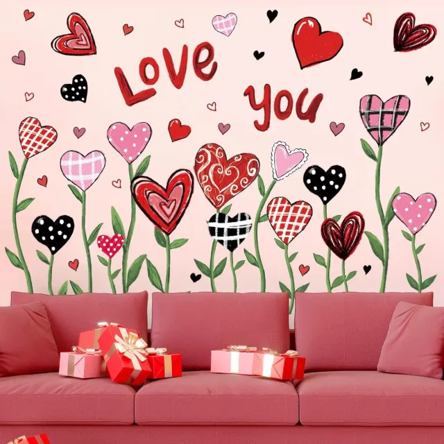MDUG Muurstickers voor Valentijnsdag - Hart en Bloem - Raamdecoratie - Valentijnsdagversiering - Rode Hartstickers - Rode en Roze PVC Muurstickers, geschikt voor huwelijksjubilea, thuis, in de klas en op kantoor Kleur