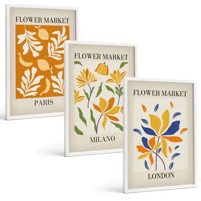 TULUP 3-Delige Schilderij Set - Bloemenposters Parijs Milaan Londen - 40x60 - Schilderijen Set - Wanddecoratie - Woonkamer Witte lijst