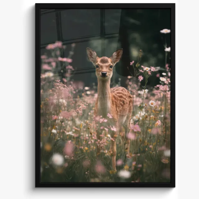 FrameYourWall Poster in lijst - Fotolijst 50x70 cm - Posters - Hert - Wilde bloemen - Bos - Posterlijst zwart - Decoratie - Wanddecoratie woonkamer - Muurdecoratie slaapkamer