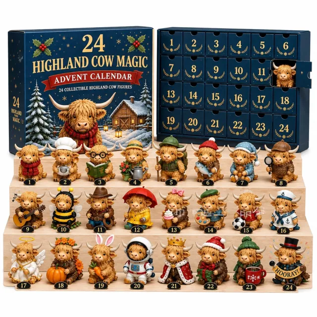SWGOTA Adventskalender met 24 hooglanderfiguurtjes - 24 genummerde vakjes - kerstdecoratie in doos Blauw
