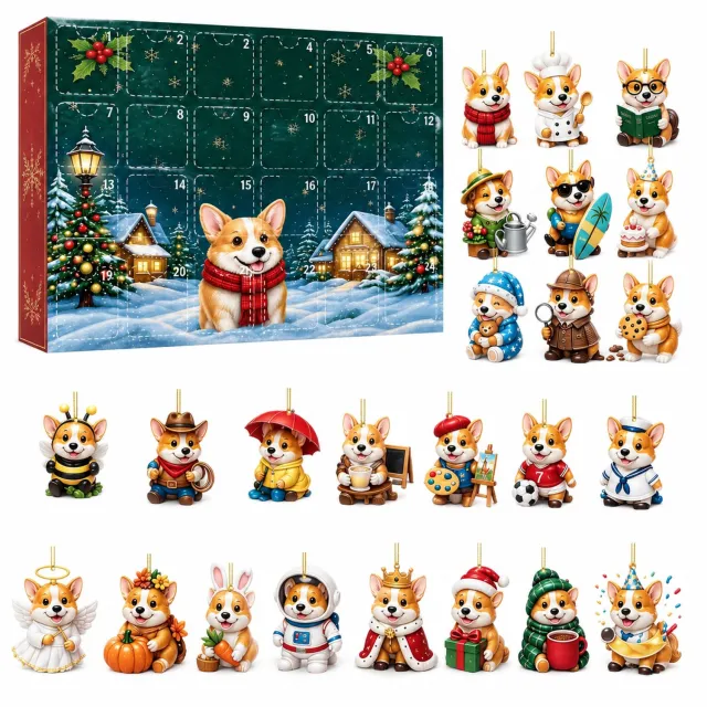 SWGOTA Corgi-adventskalender met 24 platte acryl kersthangers, met ophanglus, in kartonnen doos Bruin