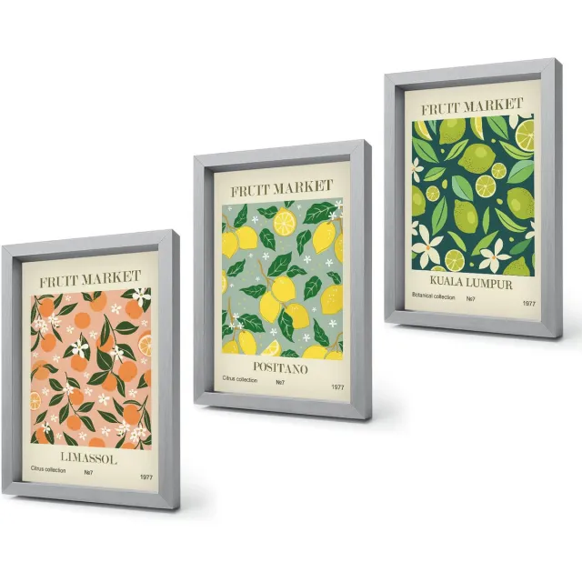 Coloray 4-Delige Schilderij Set - Fruitpatronen met citrusvruchten en vintage bloemen - 20 x 30 cm - Schilderijen Set - Wanddecoratie - Woonkamer - Stijlvolle Muurdecoratie Zilveren lijst