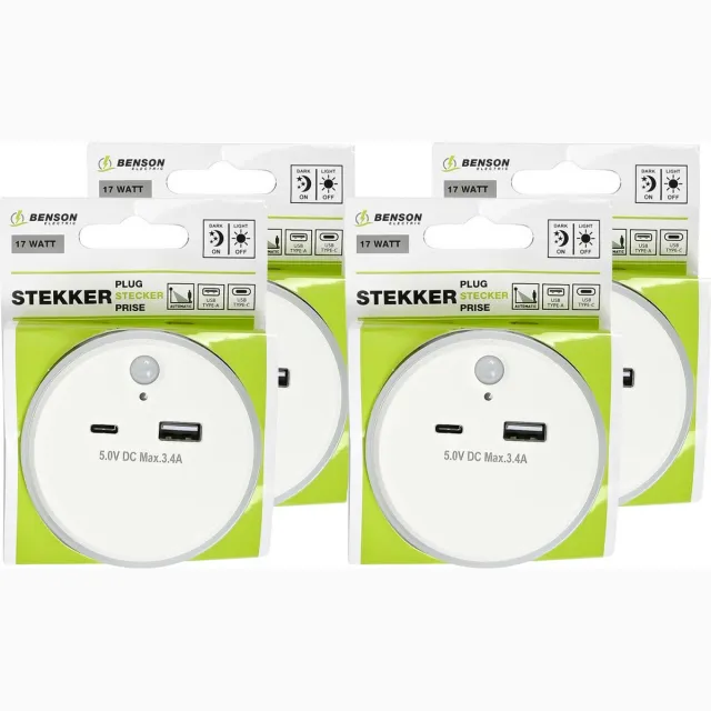 Benson LED nachtlampje - 4x - draadloos - met USB A en C - warm wit - dag/nacht + PIR sensor