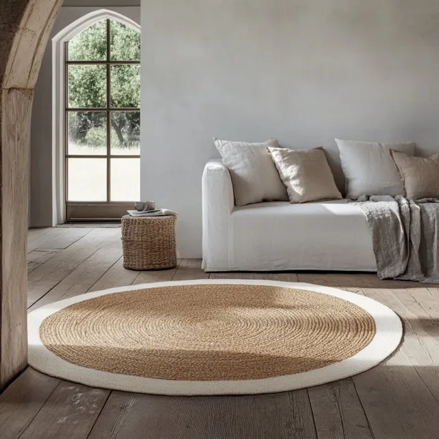MrCarpet Rond jute vloerkleed naturel/wit met rand 160cm Mrcarpet