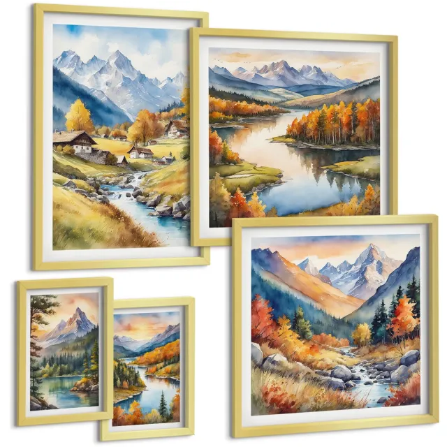 TULUP 5-Delige Schilderij Set - Schilderachtige berglandschappen met rivieren en bossen - 50 x 50 cm, 20 x 30 cm en 40 x 60 cm - Wanddecoratie - Muurdecoratie - Moderne Interieurdecoratie Gouden lijst