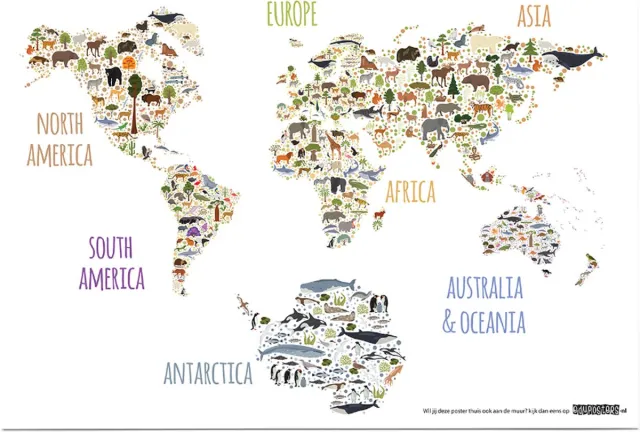 eduposters Educatieve poster (Posterpapier) - Topografie wereld grote dieren - 70 x 50 cm (B2) Beige