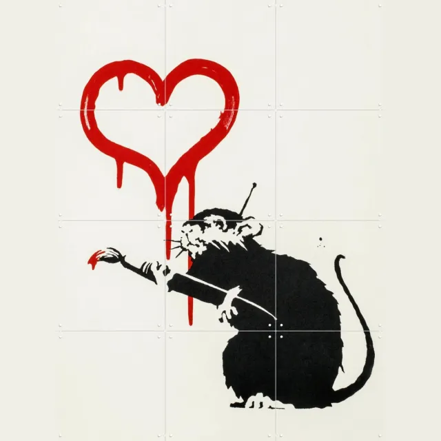 IXXI Love Rat, Banksy - 60 x 80 cm - Grote wanddecoratie en posters - Street art, Houtsnede, Pop art, Illustraties, Mancave, Woonkamer, Dieren, Liefde Zwart en wit / Rood