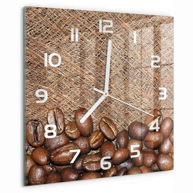 TULUP Wandklok - Koffiebonen Wandklok Glas Decoratie - 30x30 cm - Bruin Gekleurde Glazen Klok - Witte handen - Vierkante Klok - Klok Glas Met Opdruk - Moderne Wandklok Glas