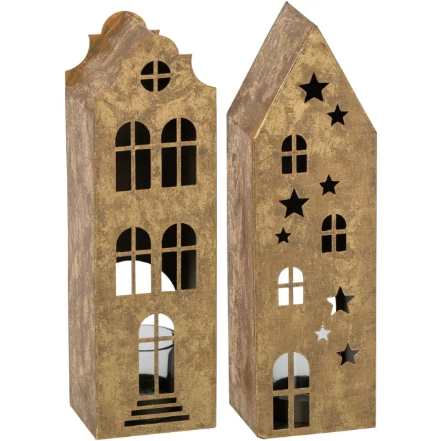 J-Line Windlicht huis - ijzer - goud - assortiment van 2