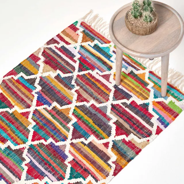 Homescapes handgeweven kelimkleed Amsterdam met geometrisch patroon van 100% katoen, kleurrijk, 120 x 170 cm Kleurrijk: Rood, Geel, Oranje, Groen, Blauw, Wit