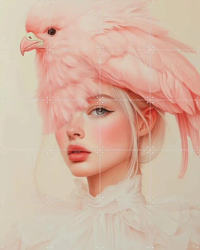 IXXI Pink chick, Mirjam Duizendstra - 80 x 100 cm - Grote wanddecoratie en posters - Illustraties, Kleurrijk, Surrealisme, Slaapkamer, Woonkamer Roze