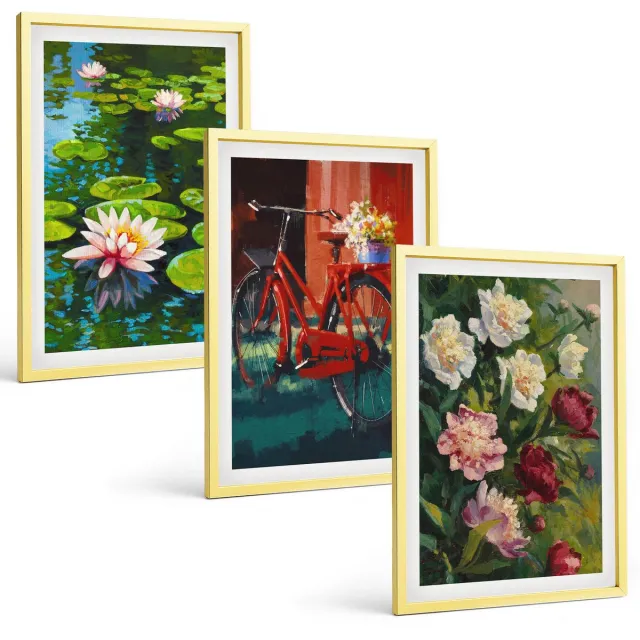 TULUP 4-Delige Schilderij Set - Lelies op de waterfiets in de tuin, kleurrijke bloemen - 40 x 60 cm - Wanddecoratie - Muurdecoratie - Woonkamer - Woonkamer Decoratie Gouden lijst
