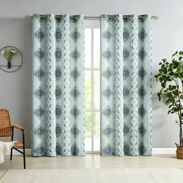Floraweg Bohemien-stijl blauw-witte etnische halfverduisterende gordijnen – kant-en-klare gordijnen voor de woonkamer, slaapkamer en het balkon,132x160cm