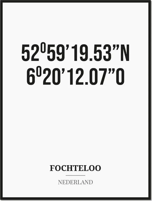 Studio216 Poster/kaart FOCHTELOO met coördinaten zwart, wit