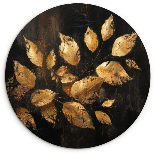 WallCircle Wandcirkel 140x140 cm - Muurcirkel Gouden Bladeren op Donkere Achtergrond - Muurdecoratie woonkamer - Wanddecoratie slaapkamer - Kamer decoratie accessoires - Ronde schilderijen Bladeren - Goud