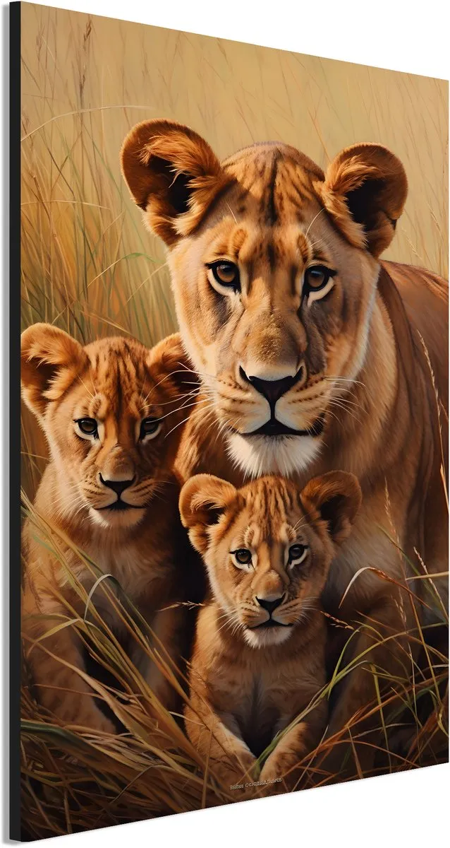 De Online Drukwinkel Wanddecoratie Metaal - Aluminium Schilderij Majestueuze leeuwenfamilie samen - 120 x 80 cm - Leeuwin - Muurdecoratie woonkamer en slaapkamer - Inclusief ophangsysteem - Modern - Modern - Displate alternatief Goudbruin