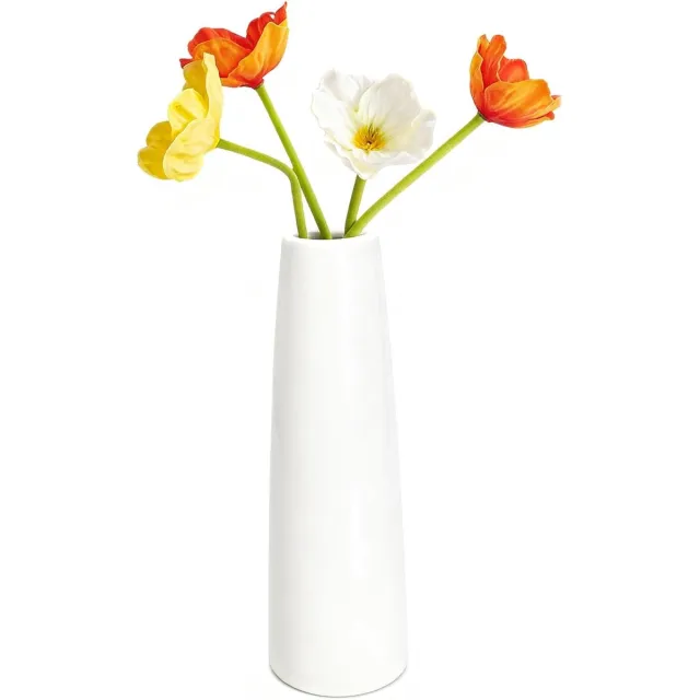 Famanu 16 Cm witte hoge kegelvormige keramische bloemenvaas - taps toelopende vaas - tafelblad - kleine vazen met smalle hals voor thuis - bruiloft - tafel - slaapkamer - woonkamer - kantoor bureau (bloemen niet