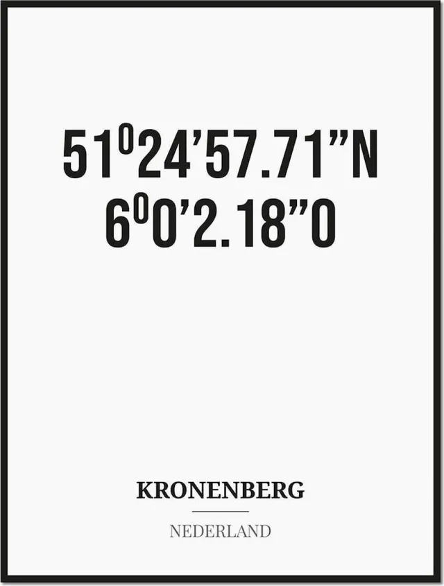 Studio216 Poster/kaart KRONENBERG met coördinaten zwart, wit
