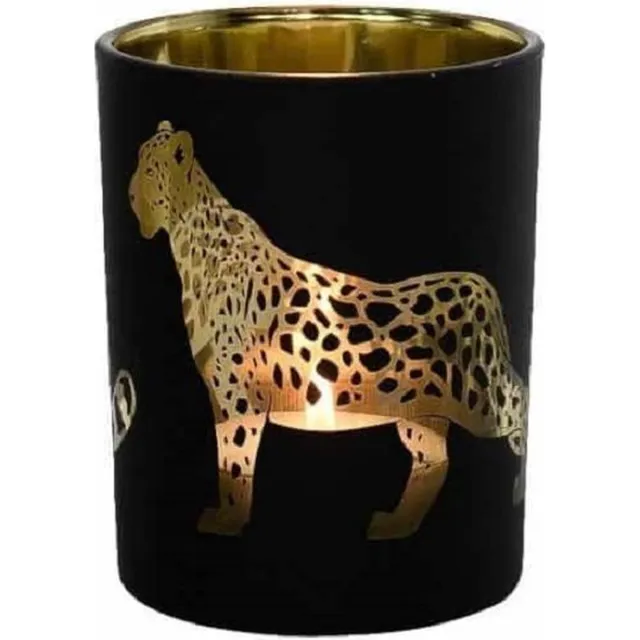 Mars & More Panter - waxinelichthouder glas - zwart - diameter 10 cm