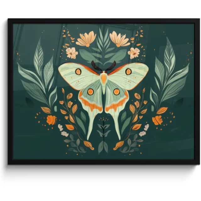 FrameYourWall Poster in lijst - Fotolijst 70x50 cm - Posters - Sierlijk - Vlinder - Groen - Bladeren - Posterlijst zwart - Decoratie - Wanddecoratie woonkamer - Muurdecoratie slaapkamer