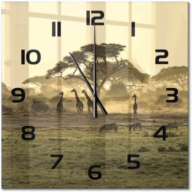 TULUP Wandklok - Giraffen in de savanne Decoratieve Glazen Klok - 60x60 cm - Beige Glazen Wandklok Design - Zwarte handen - Vierkante Klok - Glazen Klok Met Print - Wandklok Glas Met Motief