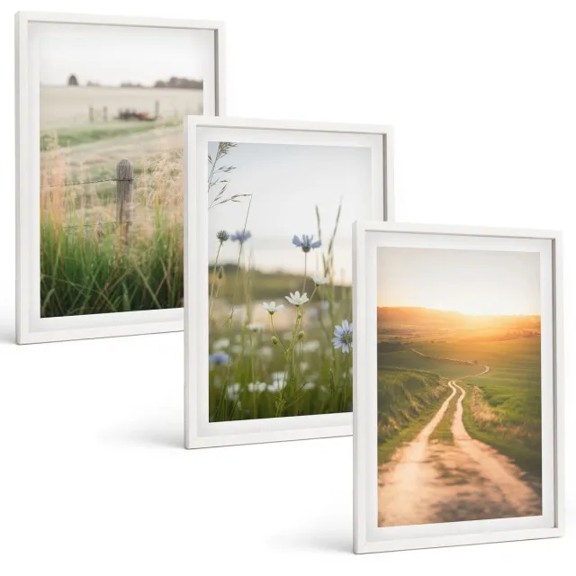 TULUP 3-Delige Schilderij Set - Natuurlandschappen met velden en paden in de zon. - 40x60 - Stijlvolle Muurdecoratie - Slaapkamer Witte lijst
