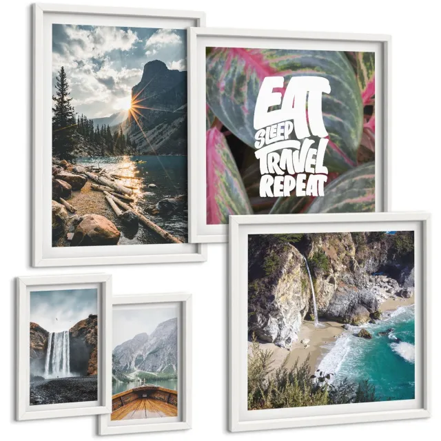 TULUP 4-Delige Schilderij Set - Natuurlandschappen met watervallen en uitzicht op de bergen - 50 x 50 cm, 20 x 30 cm en 40 x 60 cm - Wanddecoratie - Moderne Interieurdecoratie - Interieur Decoratie Witte lijst