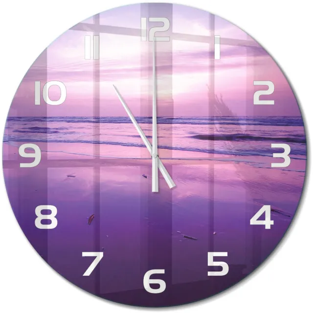 TULUP Wandklok - Zonsondergang Zee Gekleurde Glazen Klok - fi60 cm - Paars Glazen Klok Met Print - Witte handen - Ronde Klok - Moderne Wandklok Glas - Wandklok Glas Decoratie