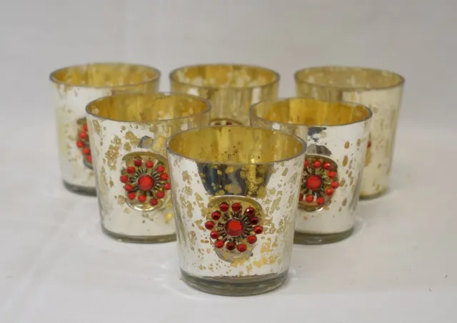 ZoeZo Design 6 stuks - waxinelichtjeshouder - vintage - glas - kerst - goud - rood - H7,5 x Ø 6,5 cm goud - rood - vintage