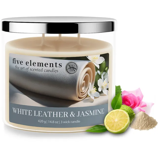 Five Elements Pr Geurkaars Five Elements White Leather & Jasmine, 420 g, 3 lonten crème