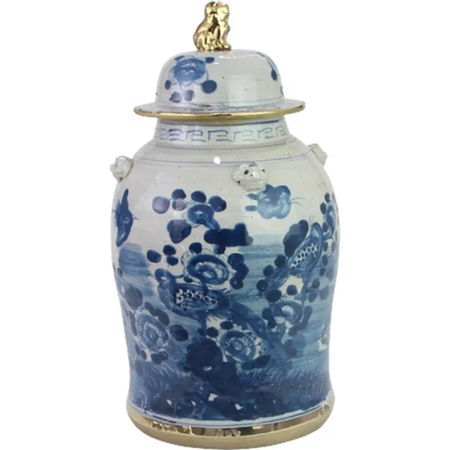 Fine Asianliving Chinese Gemberpot Blauw Wit Verguld Porselein Vogels D26xH46cm multi