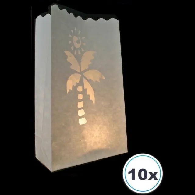 Volanterna 10x Candle Bags TROPISCH PALMSTRAND – Hoogte 26 cm – Bodem 16x9 cm – Lichtzakken – Brandvertragend Papier – Voor Zomerfeest, Tuin, Vakantie, BBQ – Candlebag wit