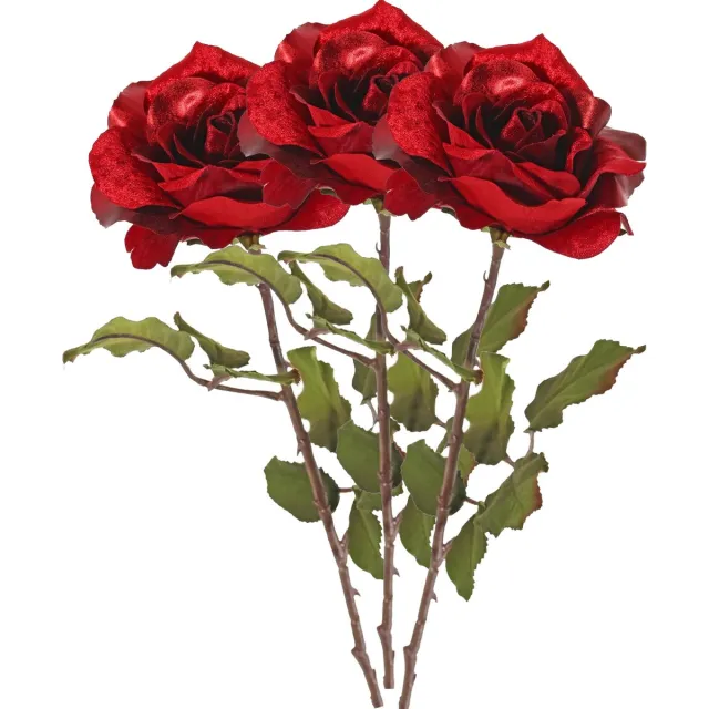 Top Art Kunstbloem roos Glamour - 3x - rood satijn - 61 cm - kunststof steel - decoratie bloemen