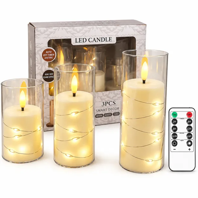 SWGOTA led kaarsen, set van 3 met warme vlamvormige verlichting en decoratief lichtsnoer, cilindrische uitvoering met afstandsbediening Bruin
