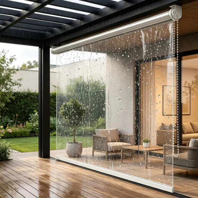 Famanu Transparant PVC rolgordijn voor buiten, 0,5 mm dik, waterdicht en windbestendig, met afmetingen van 150 x 200 cm, ideaal voor balkon, terras en pergola, biedt bescherming tegen spatten en wind
