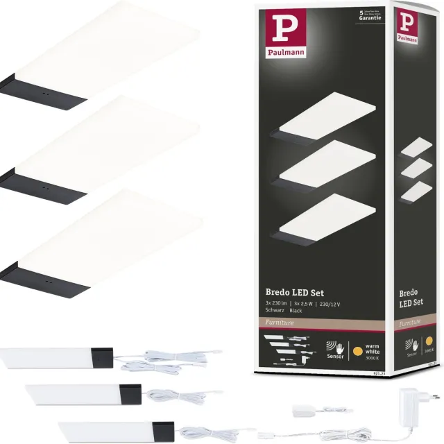 Paulmann LED-onderkastverlichting Bredo Naderingsschakelaar Set van 3 3x2,5W 80x190 mm 3x180lm 230/12V Zwart
