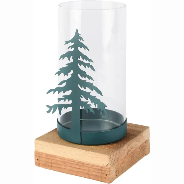 dekoratief Theelichthouder m/boom op voet, petrol, metaal/hout/glas, 10x10x18cm | A265490 groen