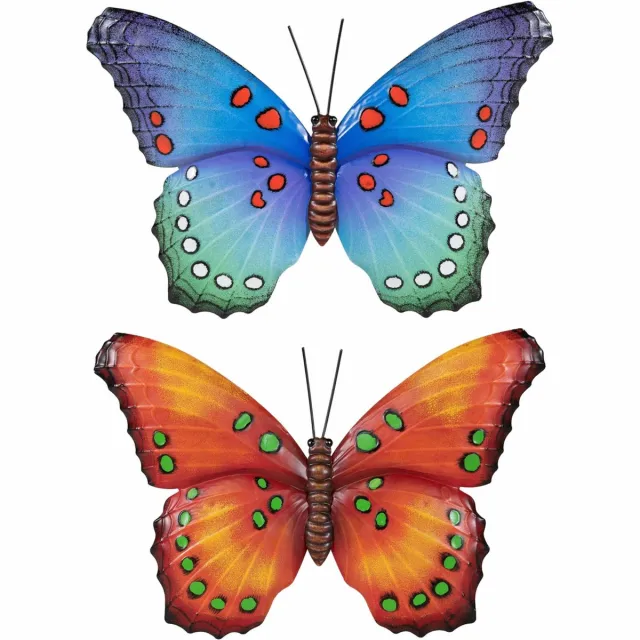 Anna's Collection Tuindecoratie vlinders - 2x - metaal - oranje en blauw - 48 x 30 cm - wand/schutting Multi