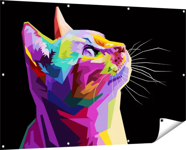 Gards Tuinposter Kleurrijke Kat Kijkt naar Boven - Abstract - 150x100 cm - Tuindoek - Tuindecoratie - Wanddecoratie buiten - Tuinschilderij Multikleur