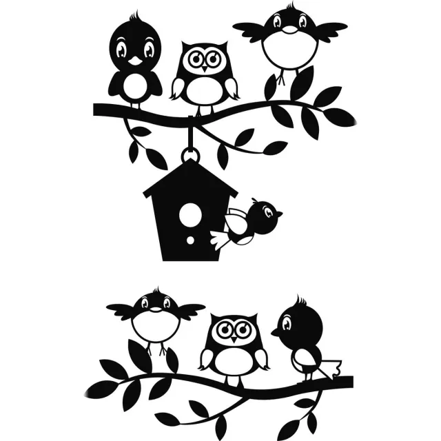 Looster-art&design Raamsticker - muursticker vrolijke vogels op tak - uil - vogelhuisje - veranda zwart