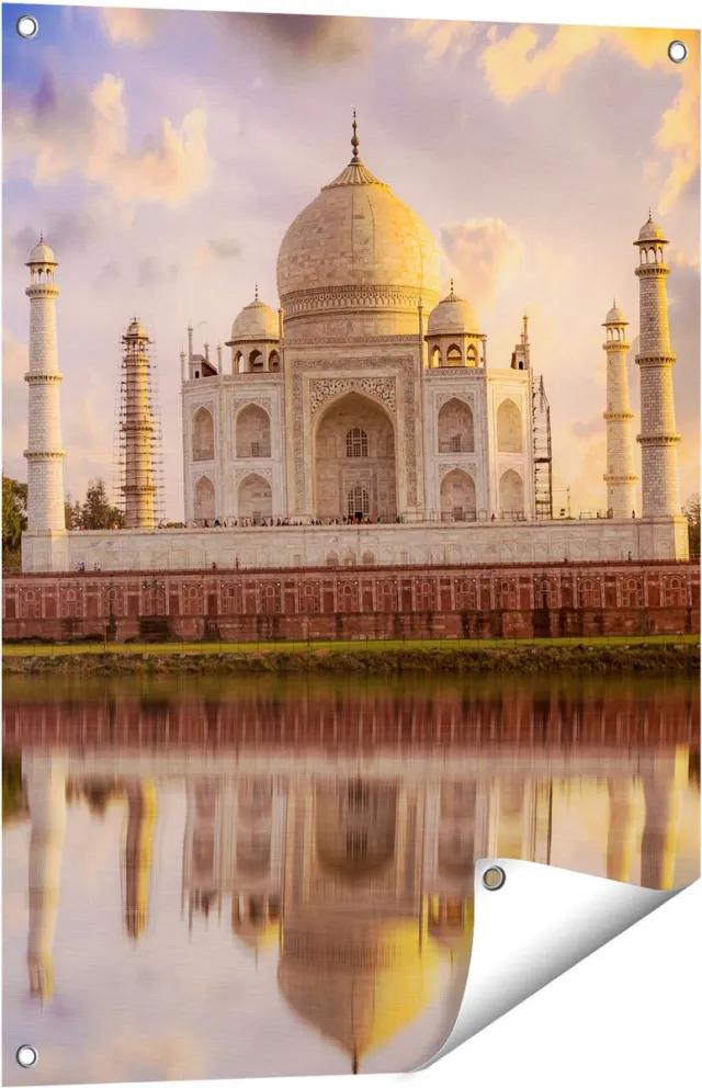 Gards Tuinposter Taj Mahal bij het Water in India - 60x80 cm - Tuindoek - Tuindecoratie - Wanddecoratie buiten - Tuinschilderij Multikleur