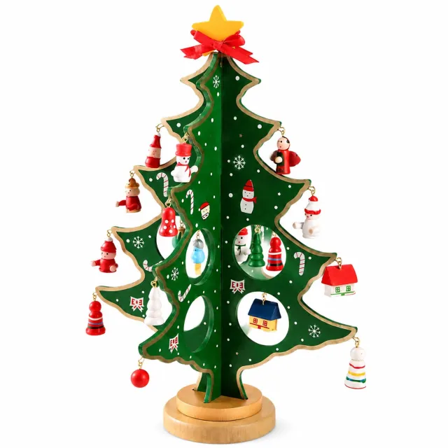 SWGOTA Kerstboom-adventskalender - middelgroot, 2 panelen - DIY-tafeldecoratie met hangfiguurtjes, ster en ronde voet Groen