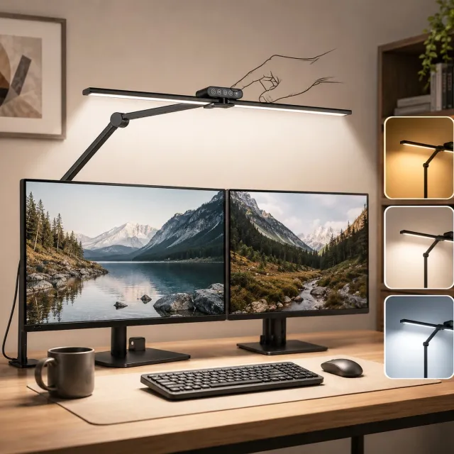 LAPAMAX Bureaulamp met Klem- Werklamp Dimbaar met 2 Verstelbare Lampkoppen - Monitor Lamp met Touchbediening -5 Lichtkleuren & 10 Helderheidsstanden - Automatische Lichtsensor - hobbylamp voor Kantoor, Tekenen en Werkbank Zwart