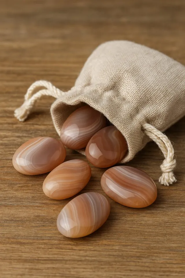 Yogi & Yogini naturals Botswana Agaat Trommelstenen – 120 gram – Inclusief Linnen Bewaarzakje (6 stenen) Perzik