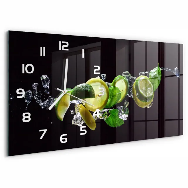 TULUP Wandklok - Limoen en citroen Klok Glas Met Opdruk - 60x30 cm - Groente Moderne Wandklok Glas - Witte handen - Rechthoekige Klok - Decoratieve Glazen Klok - Glazen Wandklok Design