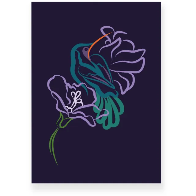 Yisual Aluminium plaat 20x30 cm - Poster - Kolibrie - Vogel - Bloemen - Donkerblauw - Groen - Minimalistisch - Botanisch - Muurdecoratie - Wanddecoratie