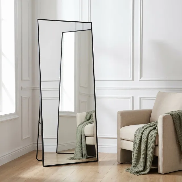 MEXUS Vloerspiegel 177 x 77 cm, Frame Aluminiumlegering, Slaapkamerspiegel, Grote Vloerspiegel, Rechthoekige Wandspiegel Algehele Harmonie Kleding en Schoenen te Controleren (Zwart, 177 x 77 cm)