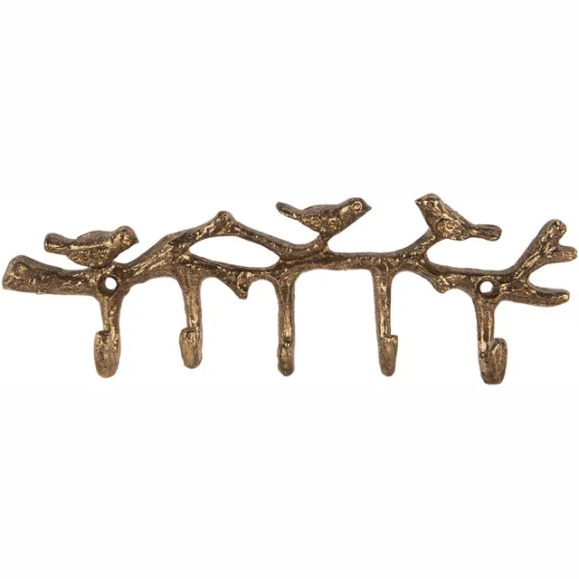 Clayre & Eef Wandkapstok 5 Haken Vogels 18x2x6 cm Goudkleurig Metaal