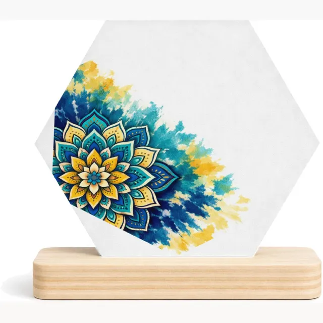 Mr Cadeautjes MDF fotolijst/inleg hexagon 14 x 13 - design Een grote, centrale zonnebloemmandala op een zachte aquarelw | cadeau Wit